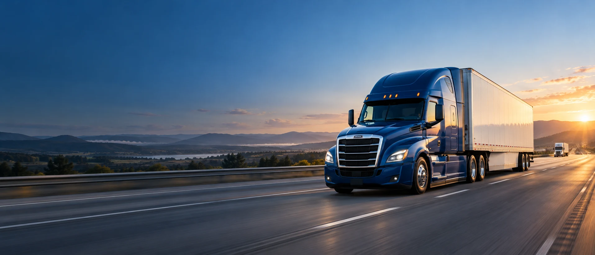 Blue semi truck and white trailer moving along a highway at sunrise.